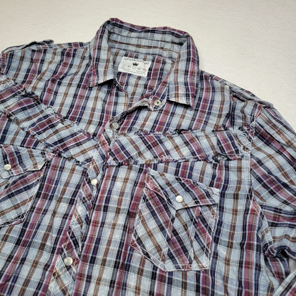 Pop‎ Icon Long Sleeve Pearl Snap Button Western Shirt Blue/burgandy 2XL